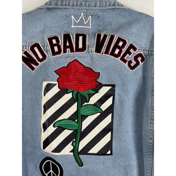 Brooklyn Cloth Jean Jacket men's size M Embroidered Denim Stenciled Patches - Picture 2 of 16